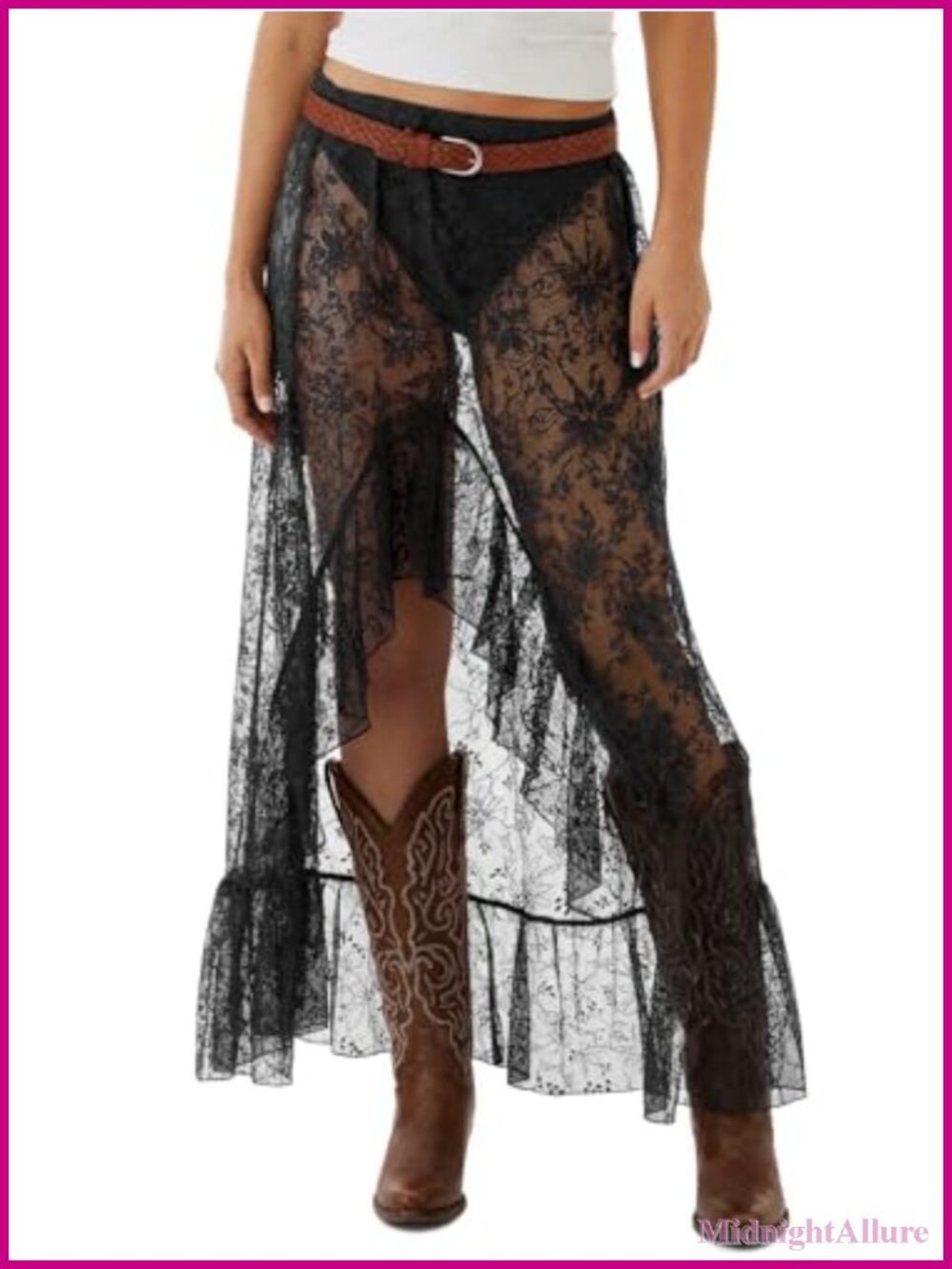 Lace Maxi Skirt Sheer Flowy Asymmetrical High Low Ruffle